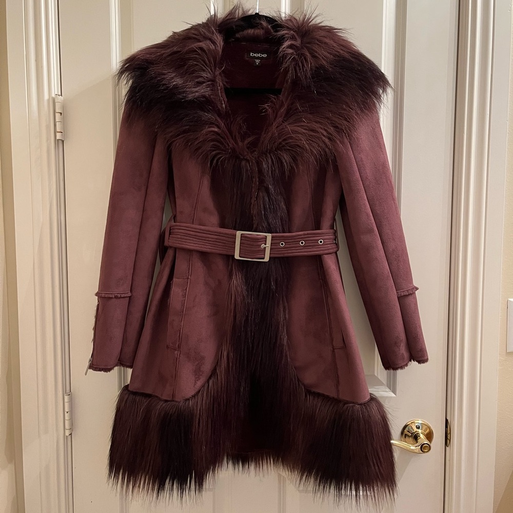 Vintage Bebe Purple Faux Fur Suede Zipper Trench Coat Size M